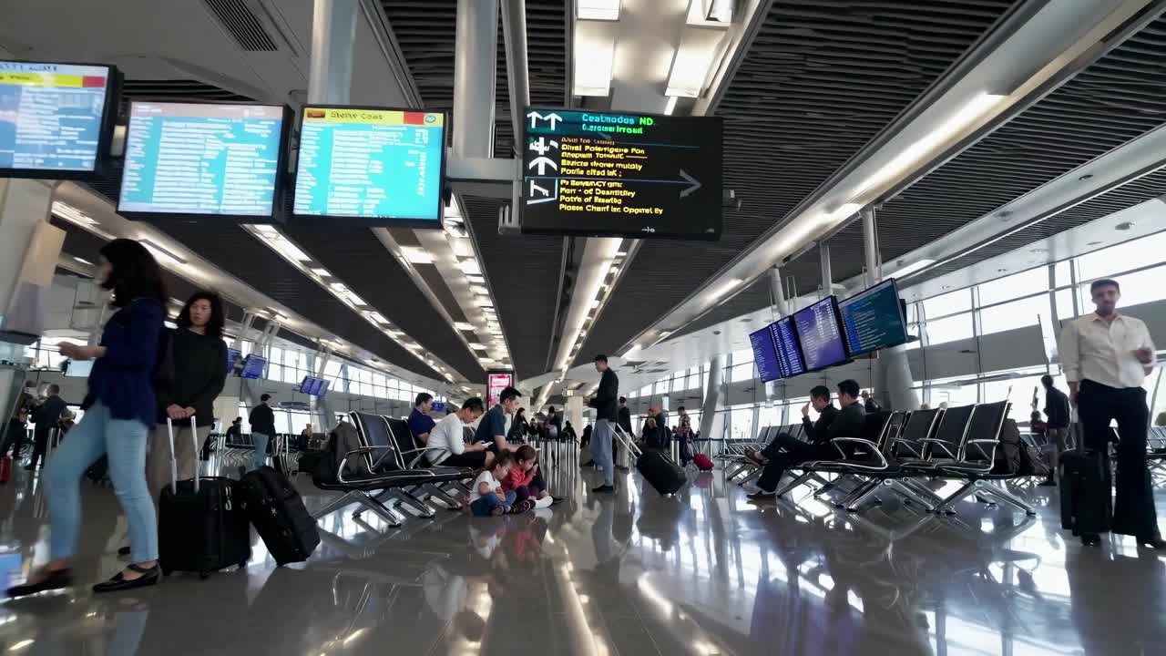 Video grandangolare di un vivace terminal aeroportuale, che cattura viaggiatori in attesa e in movimento