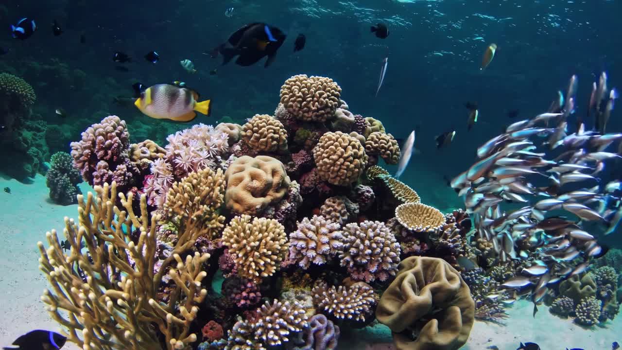 Underwater video captures a swirling school of fish, shot from a wide-angle perspective