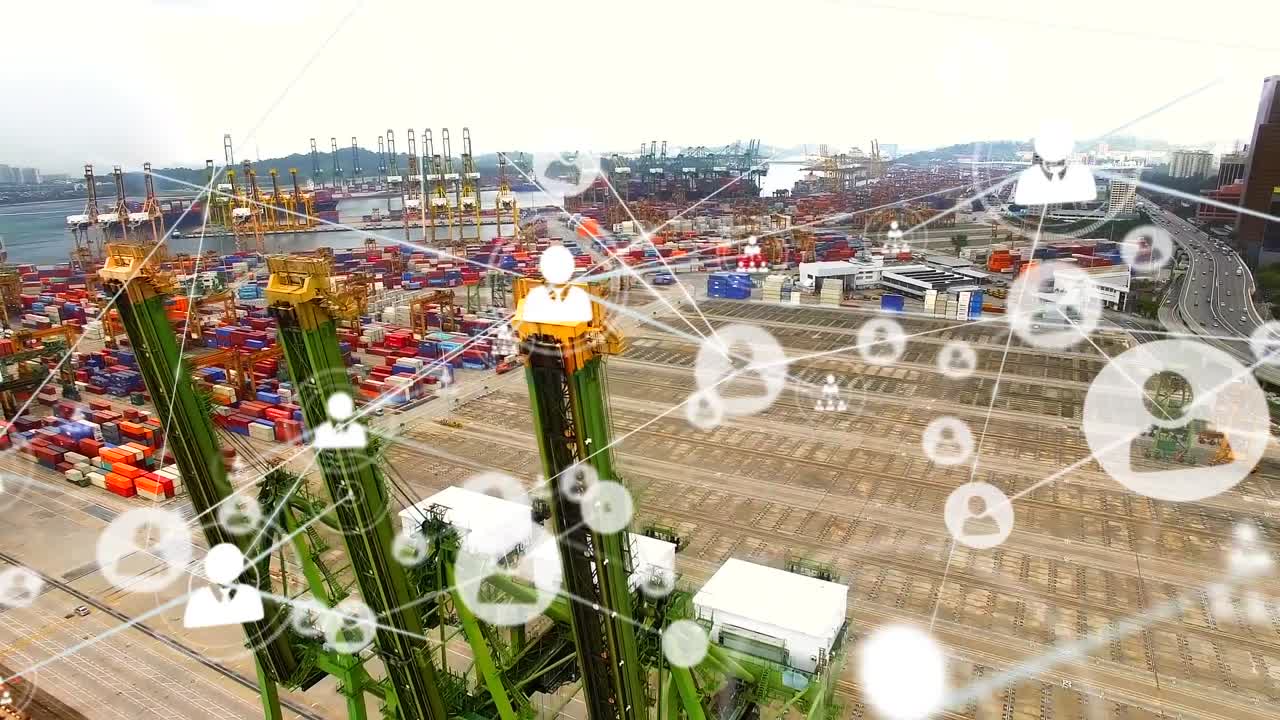 항구의 공중 시야에서 선으로 연결된 프로필 아이콘의 애니메이션