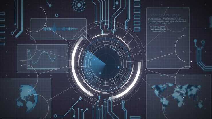 Animation of data processing, globe and world map over scope scanning