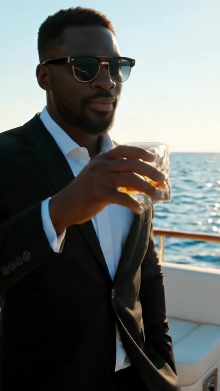 Un Individuo Confiado Disfruta de un Momento Relajante en un Yate, Sosteniendo un Vaso de Whisky Mientras Contempla el Horizonte del Océano en Calma