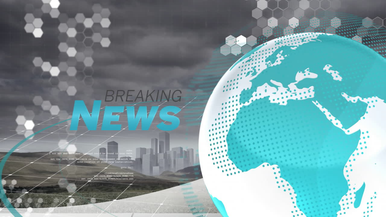 Breaking news graphic combining hills with wireframe grid while 3D rotating globe dominating scene