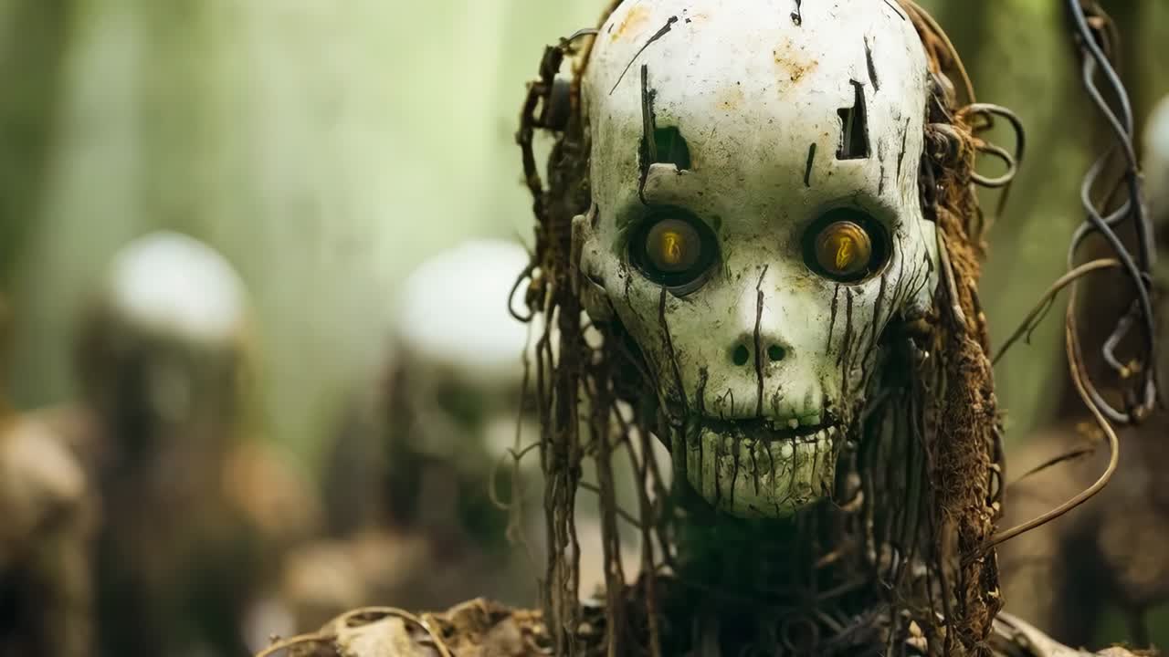 un grupo de esqueletos de aspecto espeluznante en un bosque