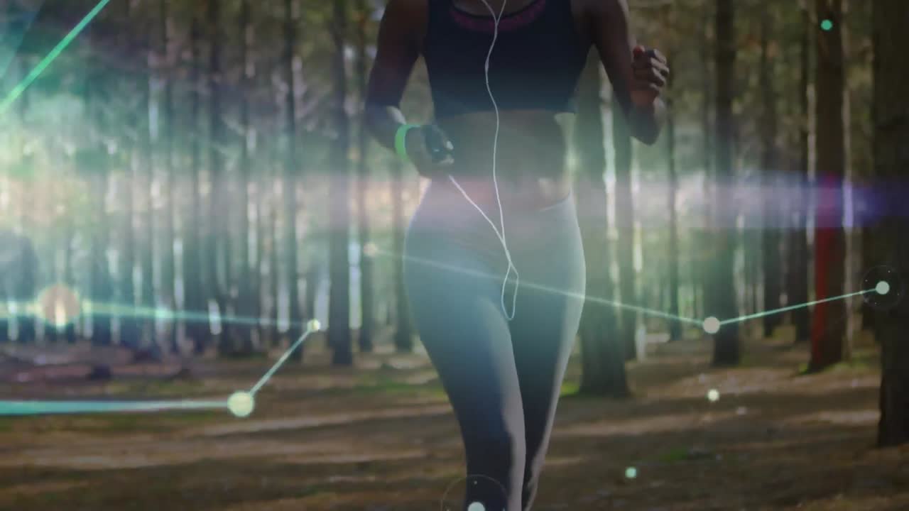Animation of network of connections over woman running exercising in forest