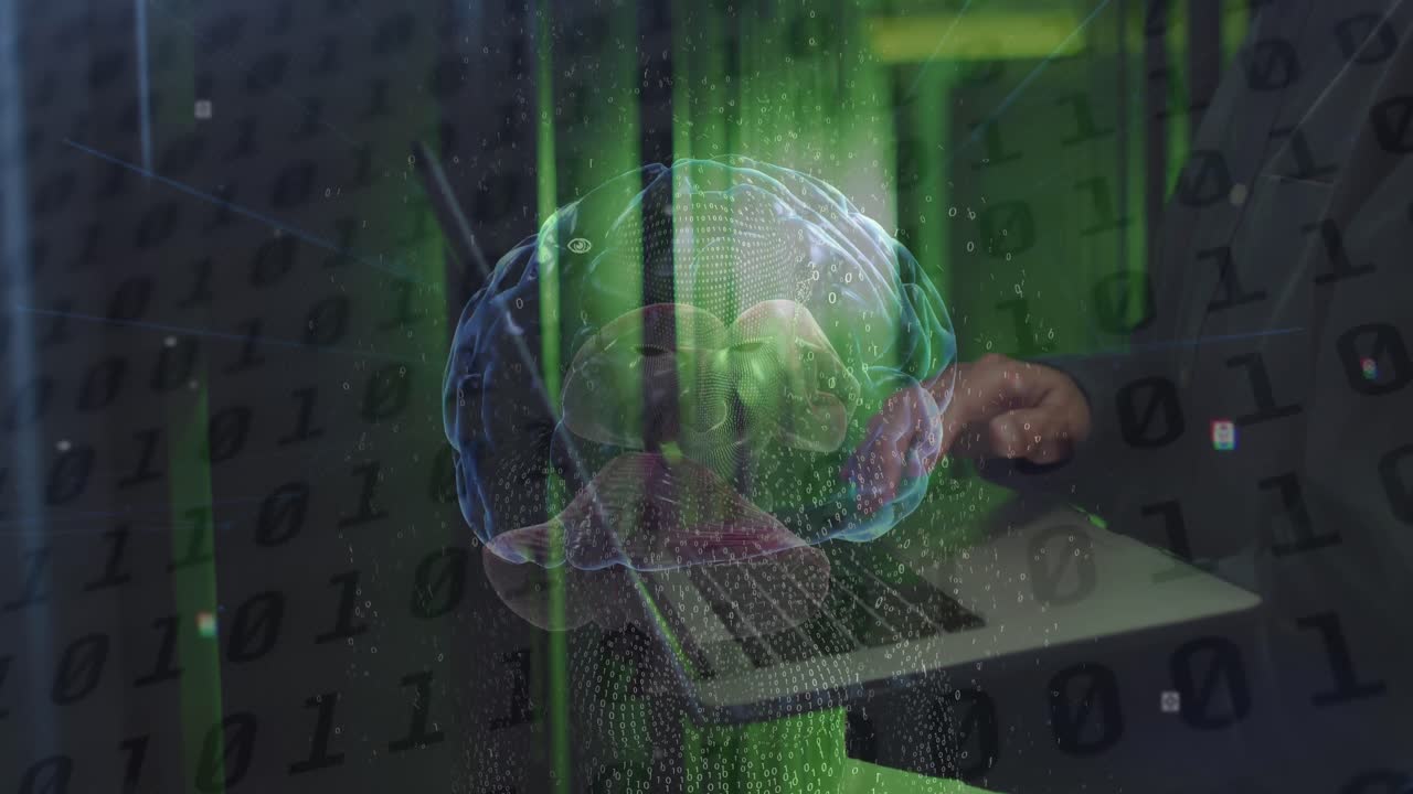 animación de procesamiento de datos y cerebro digital sobre hombre asiático en la sala de servidores.