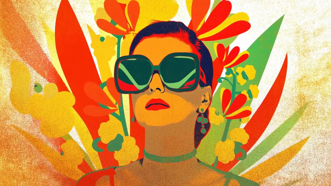 Ritratto stilizzato di donna con occhiali da sole oversize, sfondo floreale tropicale vivido, palette pop art retrò, audace.