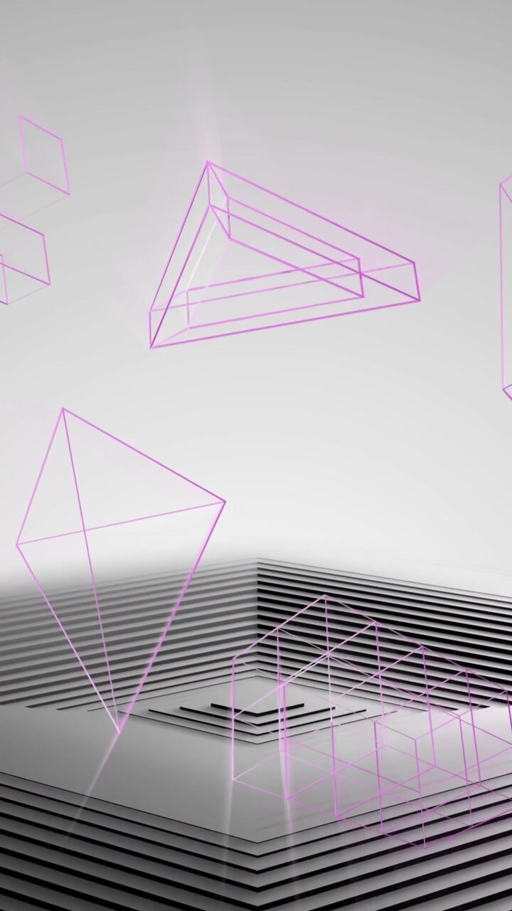 Animation af 3D geometriske former over sort og grå pyramide af koncentriske linjer på grå baggrund