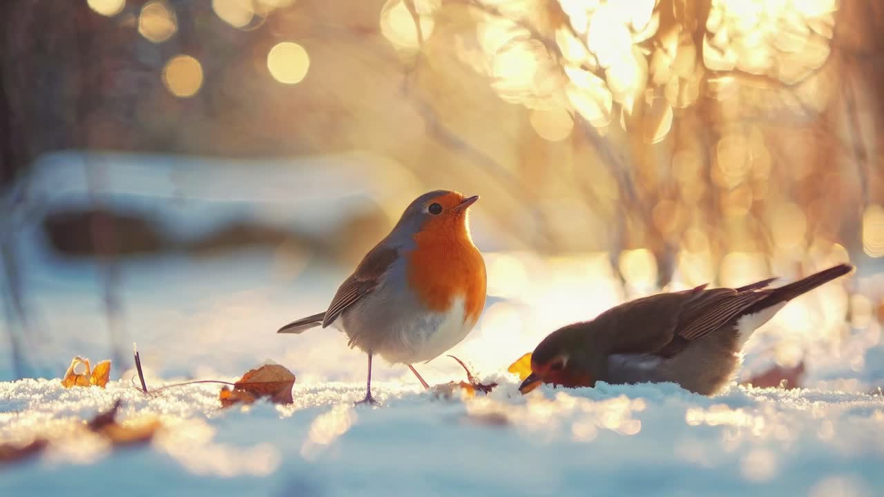 Two birds on snow with golden sunlight bokeh