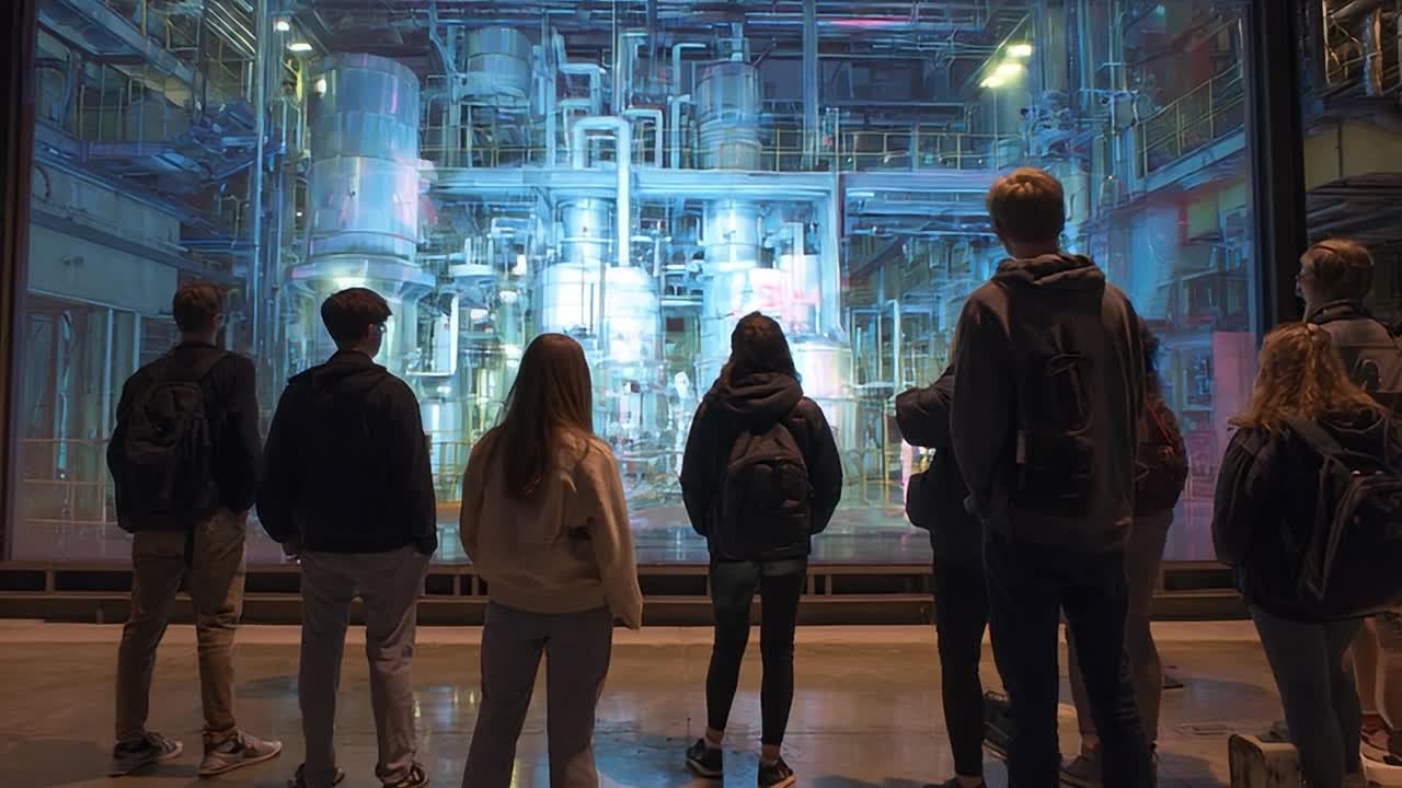 Students observe industrial machinery at a technology exhibition