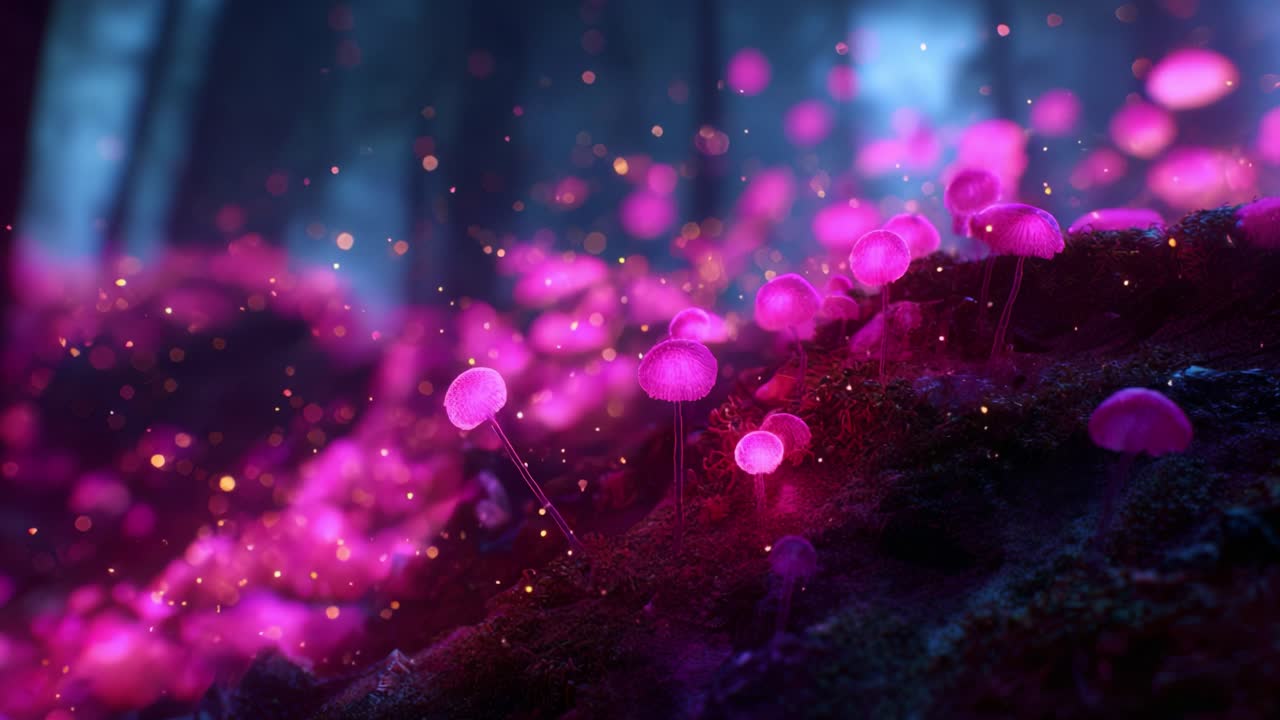 Pemandangan Hutan Ajaib dengan Jamur Merah Muda Bioluminesen yang Bersinar di Kegelapan, Menciptakan Suasana seperti Mimpi yang Penuh dengan Pesona dan Keindahan Mistis