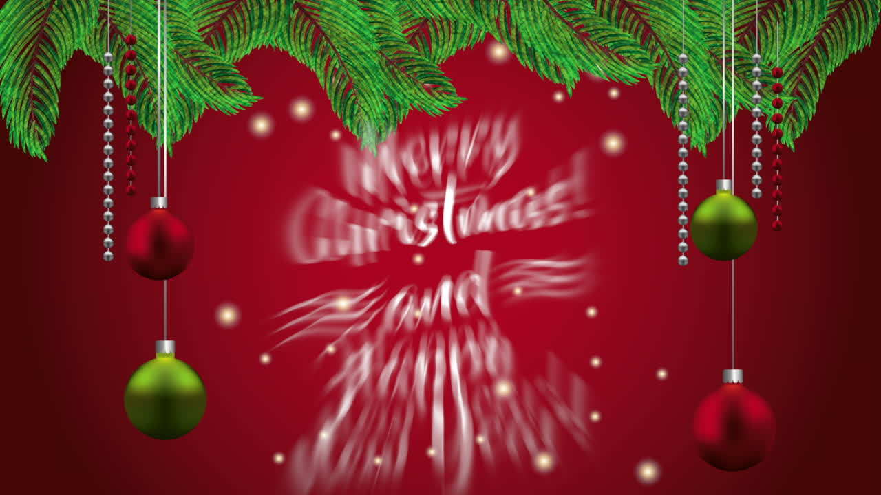 feliz tarjeta de navidad con bolas colgando decoración