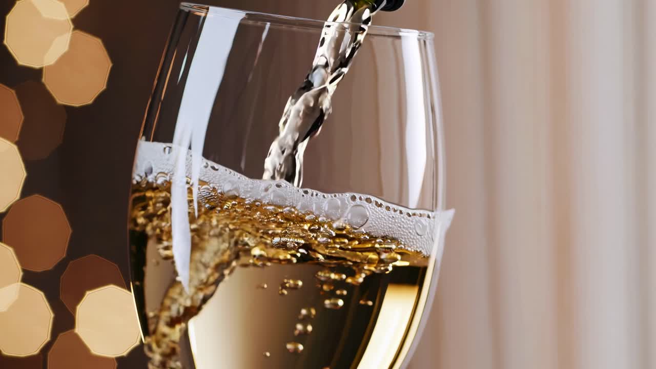 Close-up video of champagne pouring into a glass, with a bokeh background