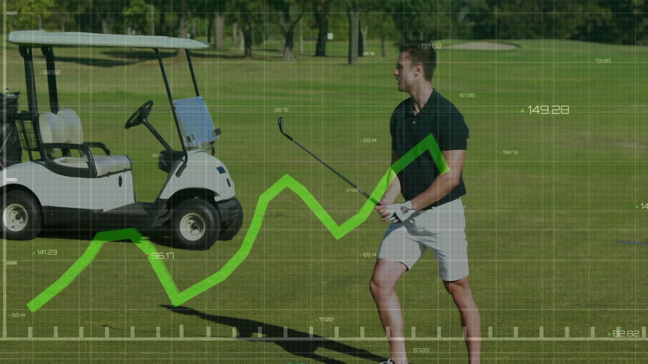 Male golfer standing on golf fairway holding club, integrating golf analytics grid with line chart
