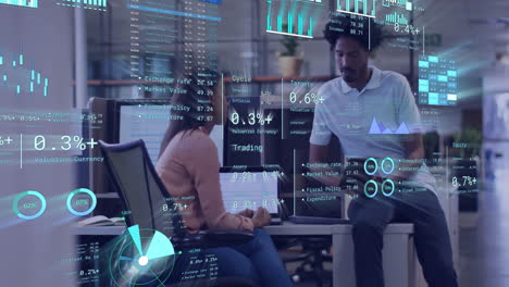 animation of diagrams and data processing over diverse colleagues discussing work in office