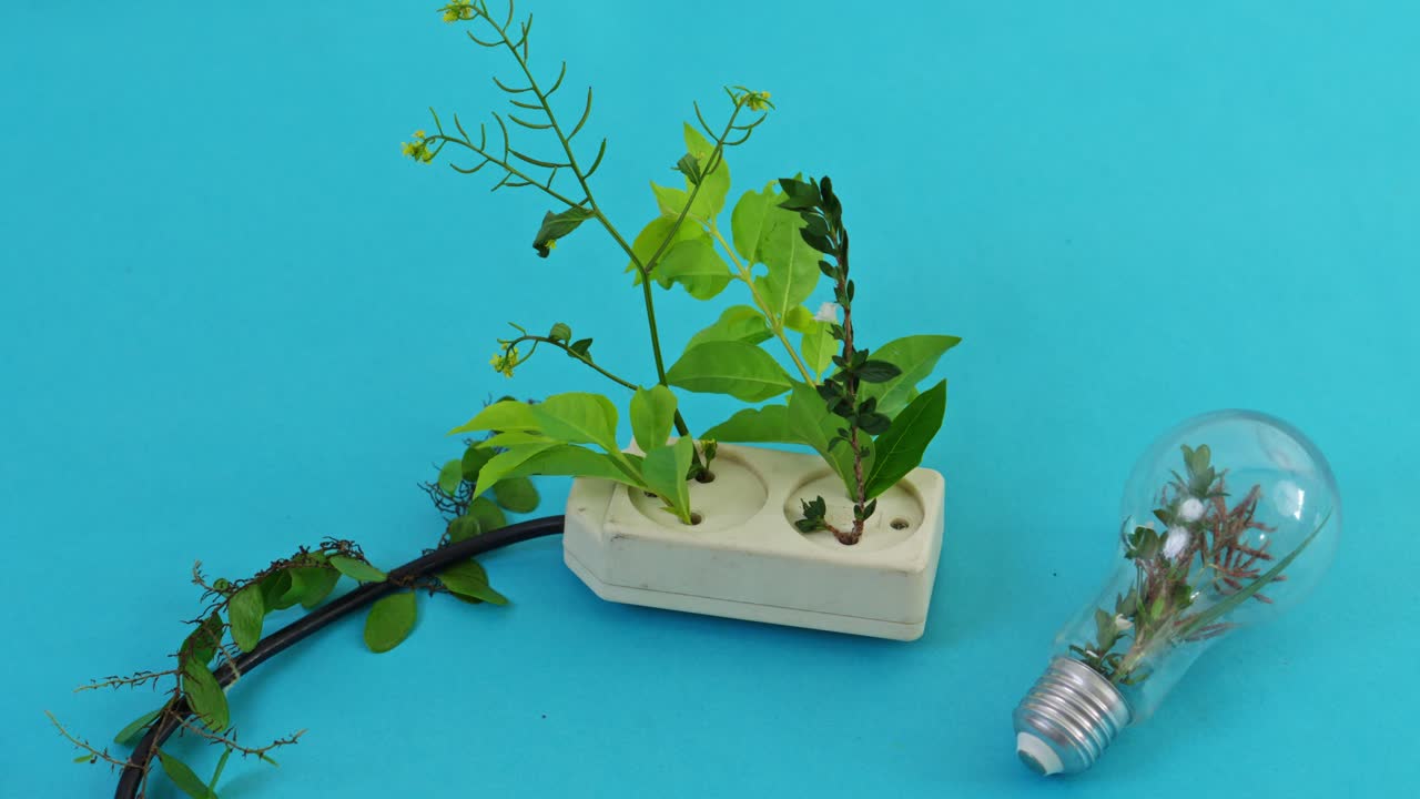 Green plants growing from power outlet and light bulb isolated at blue background