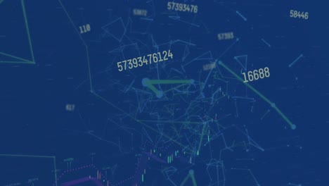 Animation-of-graphs-and-changing-numbers-over-connected-dots-against-blue-background