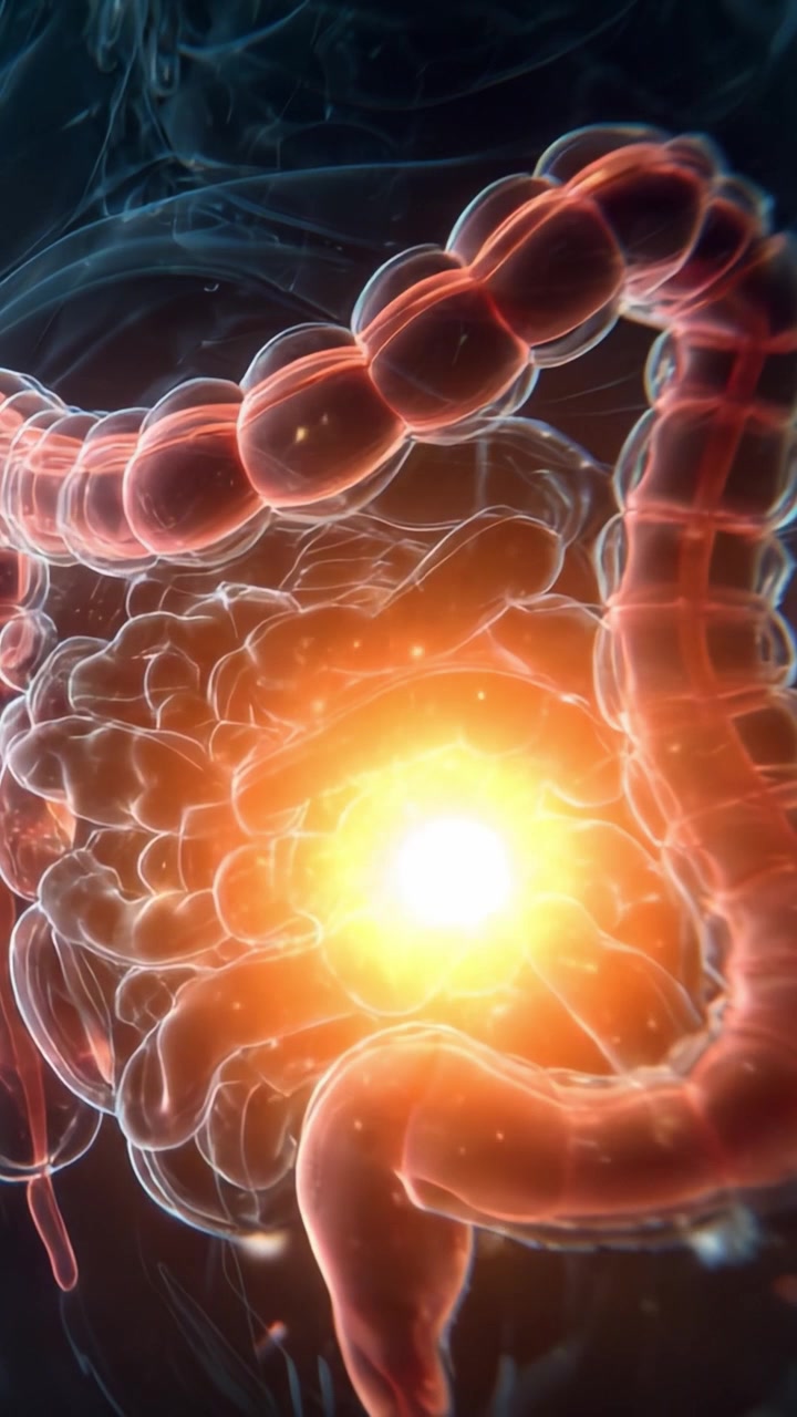 Un'esplorazione radiosa del sistema digestivo umano: Una visualizzazione intricata di intestini e flusso di energia in un'ambientazione mistica
