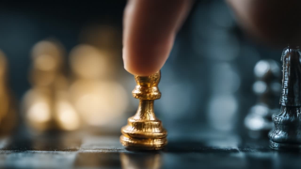A Close-Up of a Golden Pawn Chess Piece Being Strategically Moved on a Dark Chessboard Surrounded by Silver Pieces, Symbolizing Tactical Battle and Strategic Gameplay