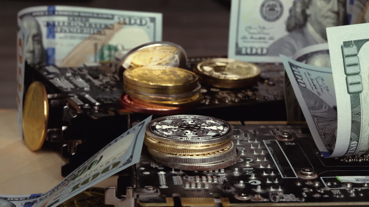 Composition with golden and silver bitcoin crypto money, dollars and computer graphic mining cards