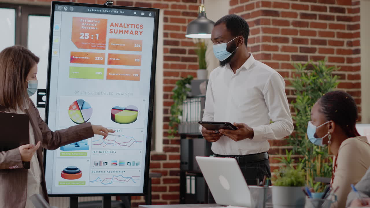 Man and woman with face mask planning business growth