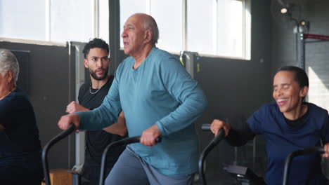 senior citizens workout with trainer in gym