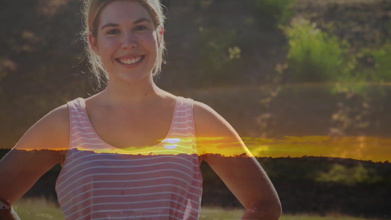 Sunset landscape overlay with woman smiling outdoors in animation style