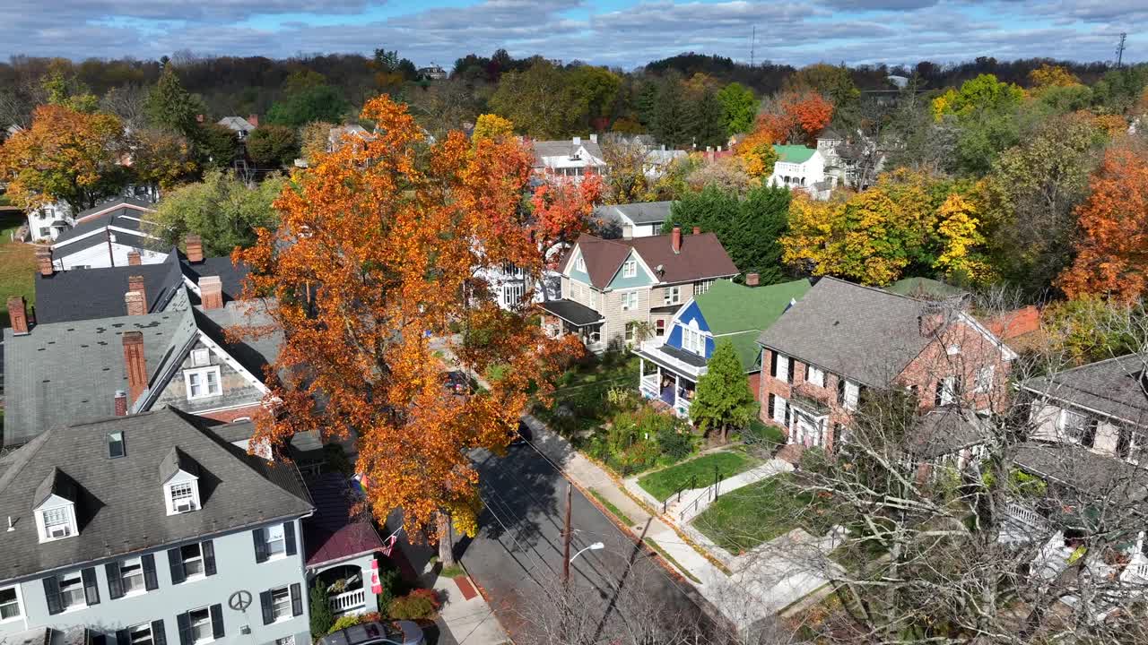 árboles de otoño coloridos entre las casas suburbanas en una ciudad de la región de nueva inglaterra