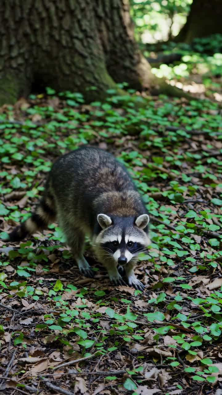 A raccoon forages on a forest floor, captured from a low-angle, emphasizing its natural habitat