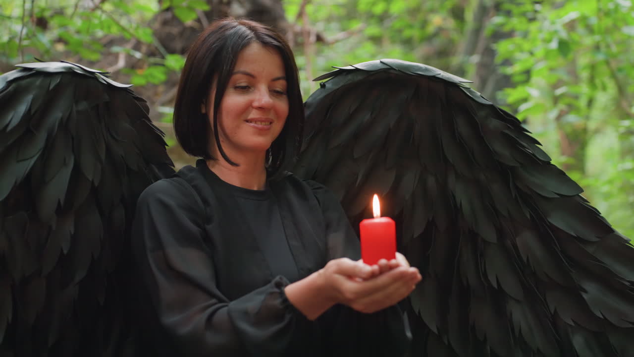 Woman with black wings holds burning red candle in hands while standing in forest, performing quiet spiritual ritual surrounded by soft light and peaceful energy, expressing faith and devotion