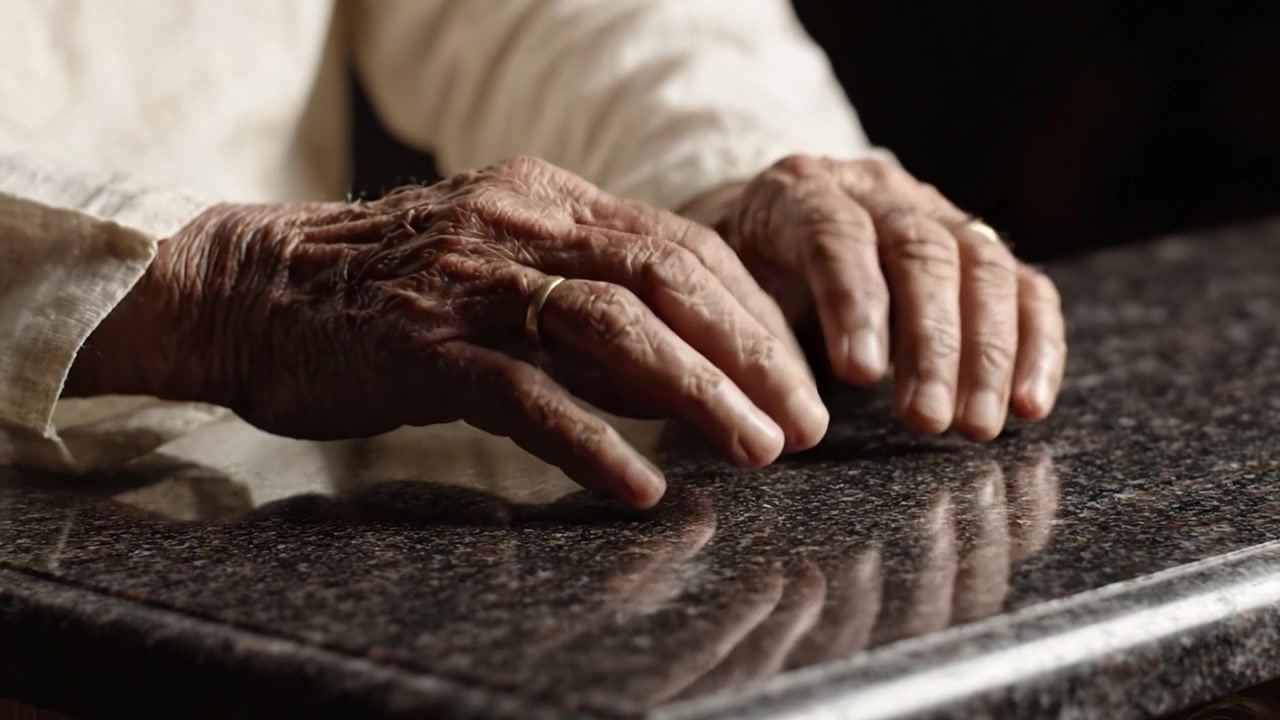 Un primo piano che riflette sulle mani di un anziano saggio, circondato dalla bellezza di una superficie lucida, catturando il passare del tempo e dell'esperienza.