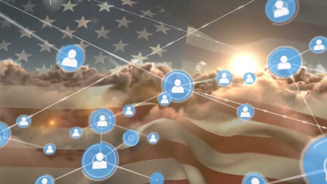 Animation-of-network-of-profile-icons-over-clouds-and-sun-in-the-sky-against-waving-american-flag