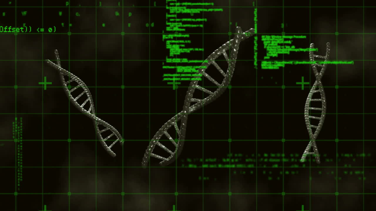Animation of green data processing over three spinning and glowing dna strands on black background