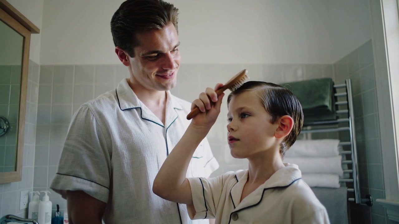 Raising wooden comb boy styling hair at bathroom sink in matching pjs, father leaning
