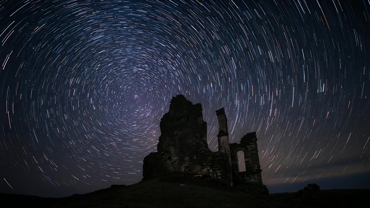 Kameraet starter timelapse-optagelse af stjernespor, der roterer over en ruin på en bakke, viser jordens rotation