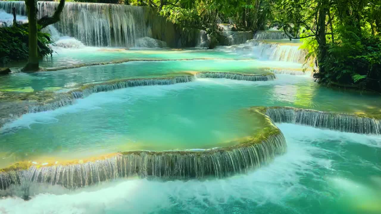 Kuang Si Falls in Laos - one of Southeast Asia's most stunning natural wonders with multi-tiered cascade, turquoise pools, lush tropical surroundings, and tranquil ambiance.