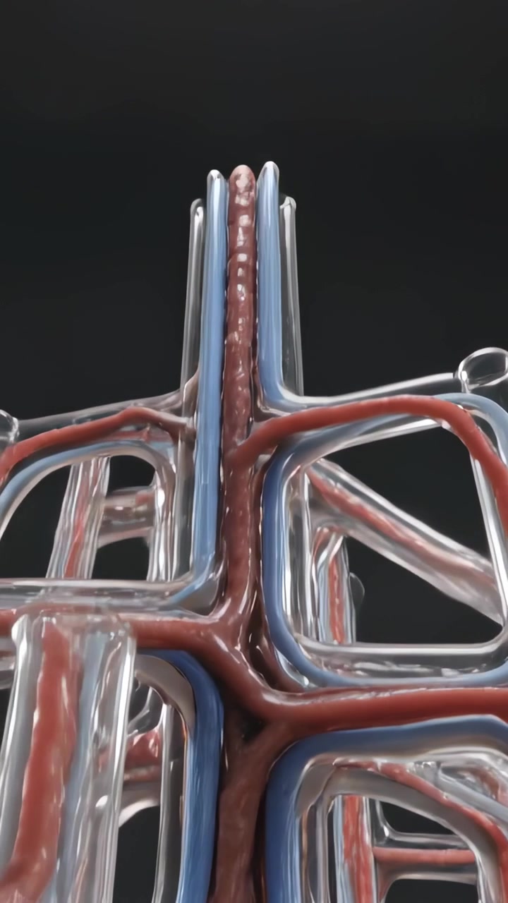 Vertical video: Camera pulling back revealing 3-tube core in studio showing red or blue network