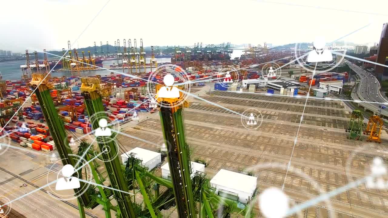 animación de la red de conexiones con iconos sobre el puerto