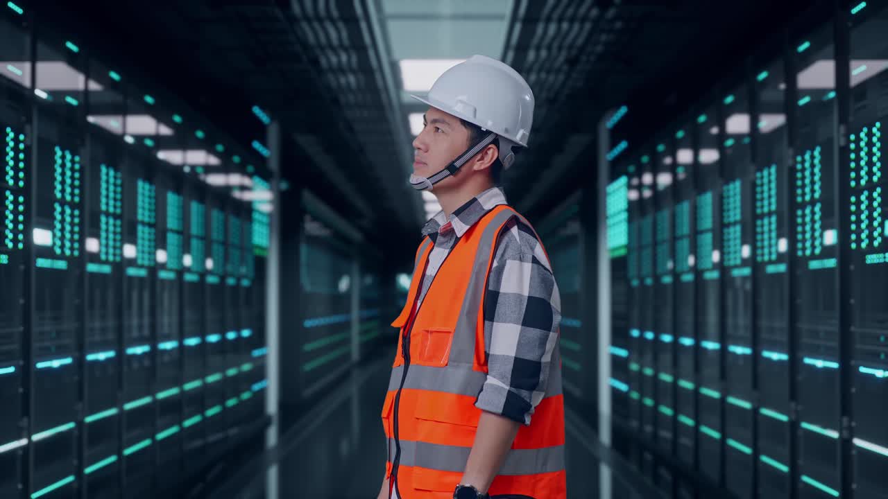 Side View Of Asian Male Engineer With Safety Helmet Looking Around While Standing in Server Room Data Center