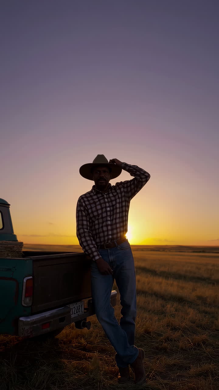 Cowboy leaning on a pickup truck at sunset in a field