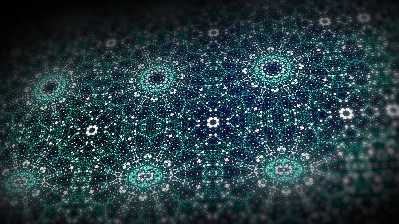 Abstract kaleidoscope pattern in blue and green tones. Looped animation of tiny dots. Floral ornament.