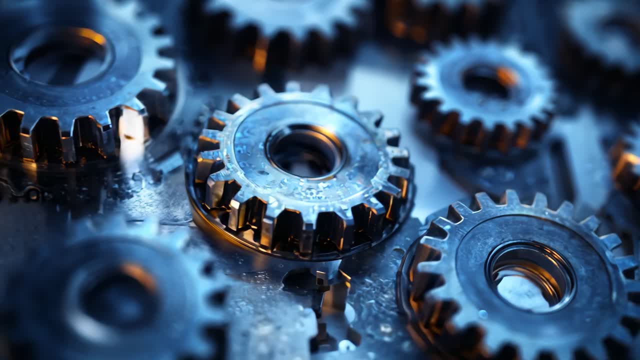 A close up of a bunch of gears with a metallic look. The gears are all different sizes and are arranged in a pattern. Concept of precision and complexity, as well as the idea of machinery