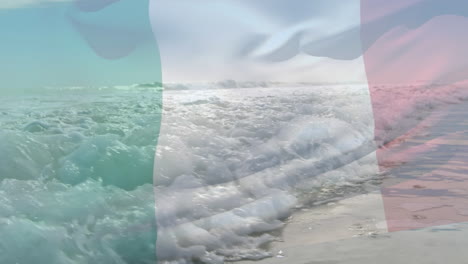 digital composition of waving italy flag against waves in the sea