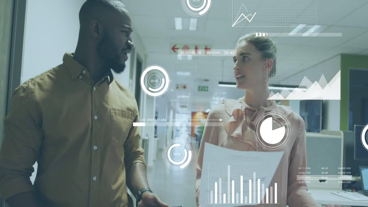 Coworkers analyzing sales data in office by pointing chart and smartphone with animated bars rising