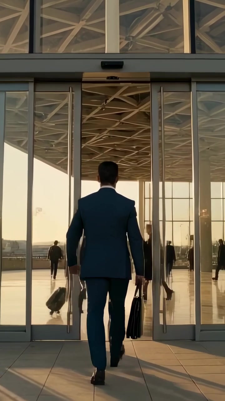 Video vertical: Hombre caminando con traje azul marino y maletín a través de puertas automáticas, entrando al vestíbulo.