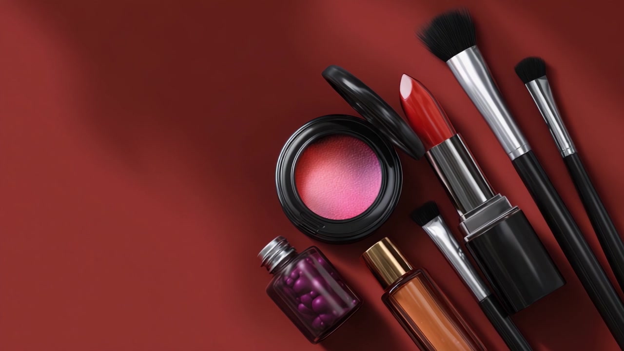 A Stylish Flat Lay Composition Featuring Various Makeup Products Including Lipstick, Blush, Brushes, and Bottles on a Rich Red Background