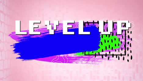 animation of white pixel text level up, over colourful paint, on pink