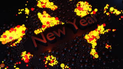 3d new year's looped background with inscription new year and garland, spheres scattered on plane light up, form beautiful pattern. waves of shimmer of color and light. neon light balls for xmas card.