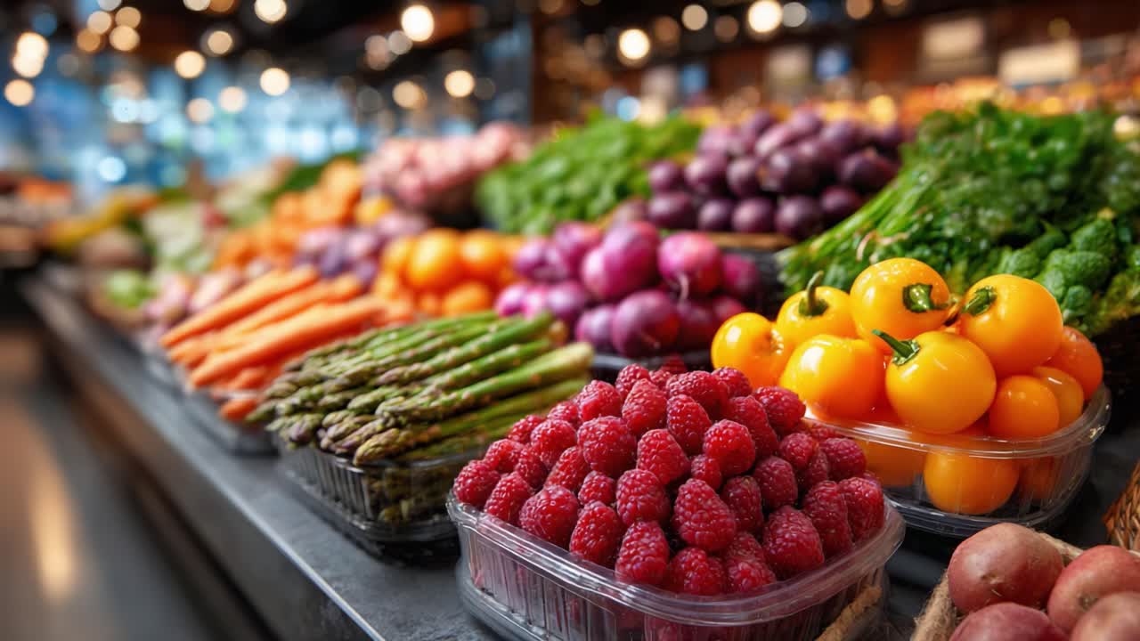 A Vibrant Display of Fresh Produce Showcasing Colorful Fruits and Vegetables in a Market Setting Filled with Natural Light and Abundant Choices