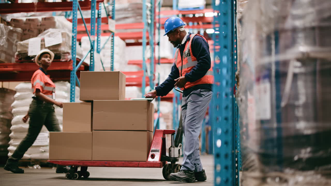 Warehouse Worker Moving Cardboard Boxes with Pallet Jack