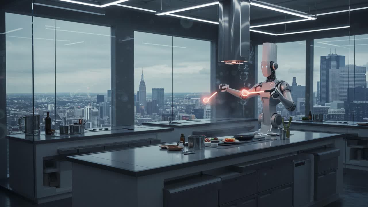 A Futuristic Robot Chef Skillfully Prepares Gourmet Dishes Against a Stunning Urban Skyline, Showcasing Advanced Culinary Technology and Innovation in a Modern Kitchen Setting